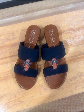 Italian Shoemakers Navy and Brown Dual-Strap Slide Sandals